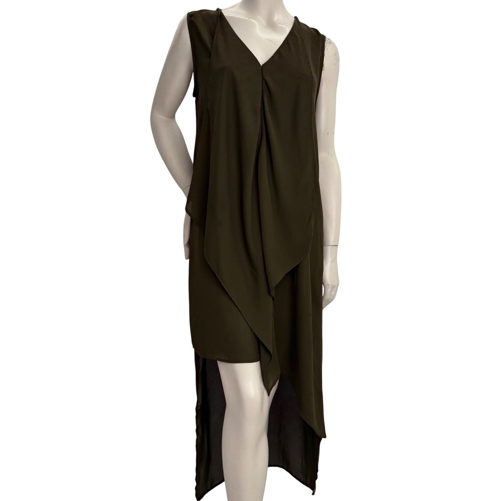 Olive Green High Low Draped V-Neck Top Sheer Dress Large Lagenlook Goblincore - Picture 1 of 10